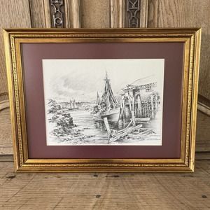 Vintage Jas F Murray Framed Print of Boothbay Harbor Maine Boating Sailing